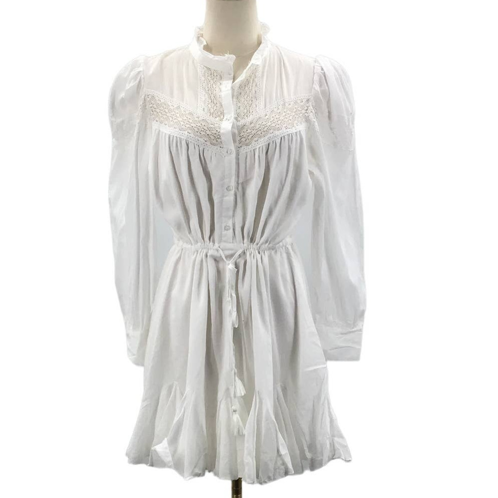AaKaa SZ S White Lace Cotton Belted Long Sleeve Flutter Mini Dress B21